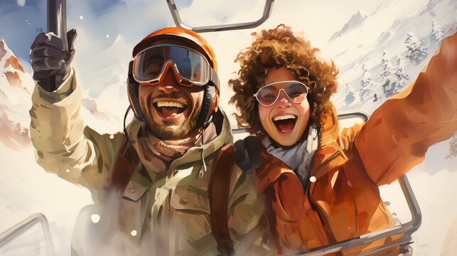 winter, extreme sport and people concept - happy friends having fun on the snow and making selfie.