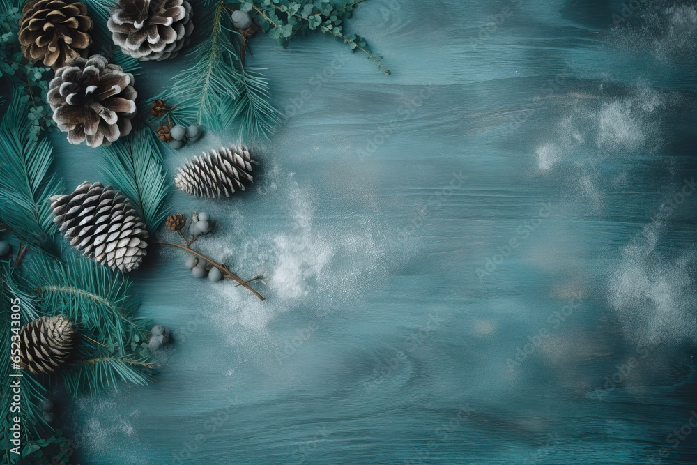 Poster pine cones and evergreen tree branches with copy space for design