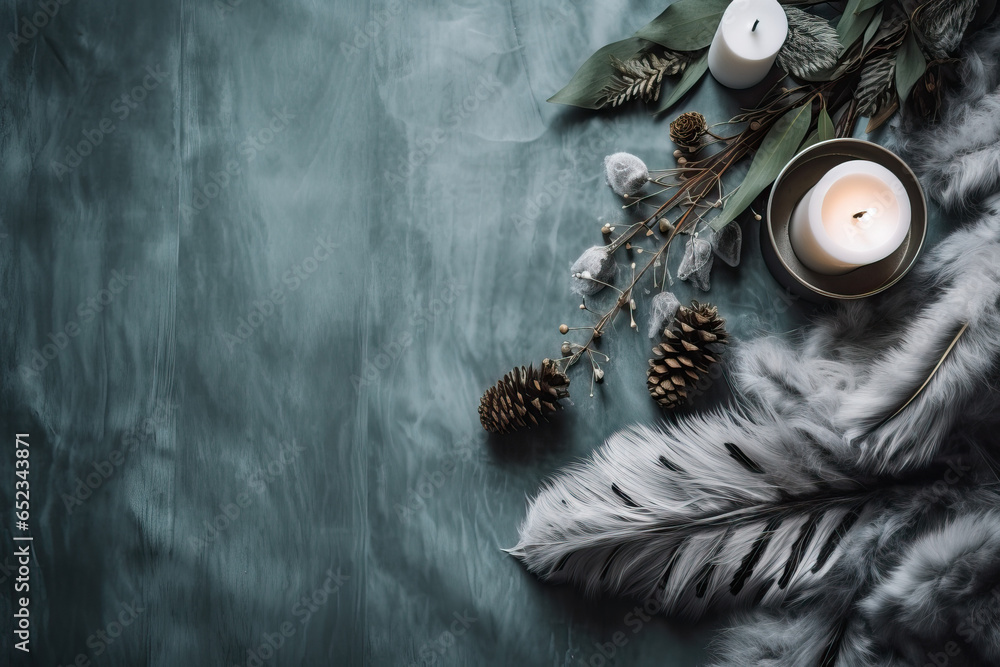 Poster pine cones and evergreen tree branches with copy space for design