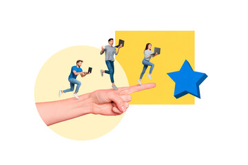 Collage 3d image of successful people office workers running achieving positive feedback stars isolated on white color painted background - Powered by Adobe