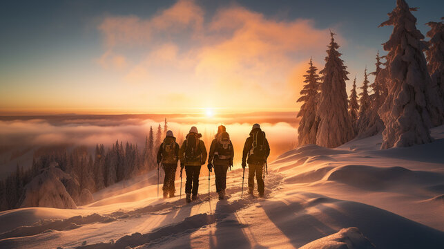 A group of people walking on the snowy mountains with their snowshoes on. Climbing the icy mountains. A background image for a winter vacation or a snow spot. Winter holiday background