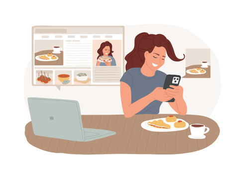 Food blogging isolated concept vector illustration. Food hunter review, appetizing photos, social media, attract followers, blog post, online cooking, streaming, street food vector concept.