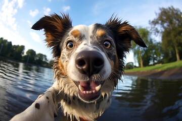 Cute domestic animal blogger. Portrait of funny dog which makes selfie photographs himself by paw on pond lake. Adorable pet posing like he takes photos with mobile smartphone makes video call - obrazy, fototapety, plakaty