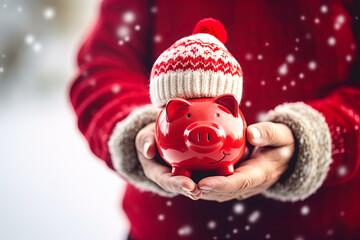 Hands holding red piggy bank in warm hat outdoors on snow background
