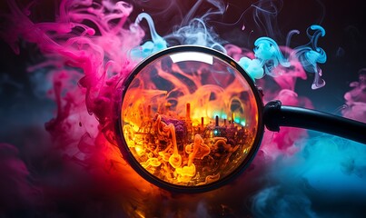 magnifying glass photography filled with smoke and neon splashes