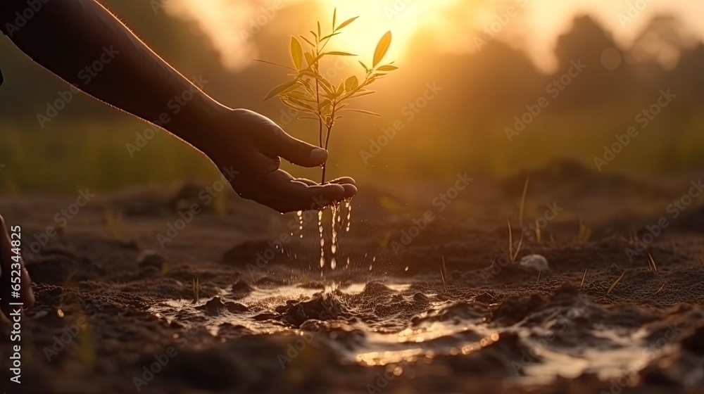 Poster  Close Up Two Hands Holding Water and Watering Young Tree to Growing Up in Park in Sunset