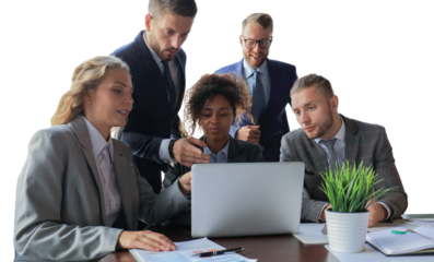 Group of young modern people in formalwear smiling and discussing something while working on a transparent background