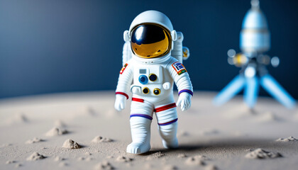 toy astronaut walks on the moon surface