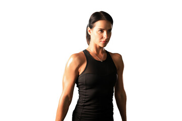 Muscular fit woman exercising building muscles on a transparent background