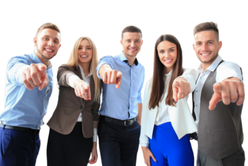 Portrait of excited young business people pointing at you on a transparent background