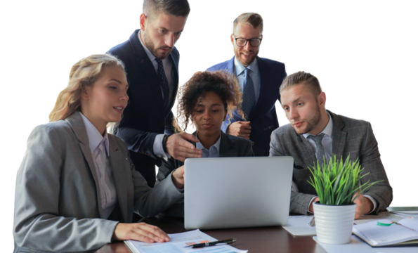 Group of young modern people in formalwear smiling and discussing something while working on a transparent background