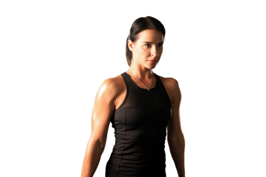 Muscular fit woman exercising building muscles on a transparent background
