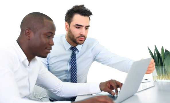 Image of two young businessmen interacting at meeting on a transparent background