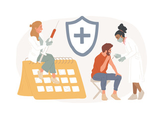 Immunization schedule isolated concept vector illustration. Prevention care schedule, infectious diseases prevention, children vaccination plan, adult immunization calendar vector concept.