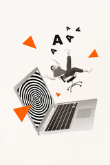 Vertical creative composite artwork photo collage of funny man sit on armchair falling into laptop...