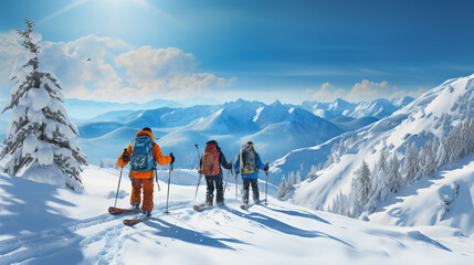 People observing mountain scenery. people stay in front of scenic landscape. These are skiers, they...