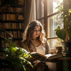 woman reading a book in a room surrounding plants