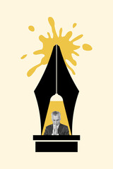 Vertical creative composite 3d artwork photo collage of middle age man writing book think ideas isolated on beige color background