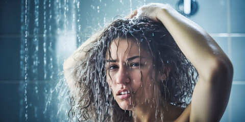 Fototapeta premium Captivating image of a young woman washing her hair under the shower jet, water cascading through her strands, splashing around the bathroom.