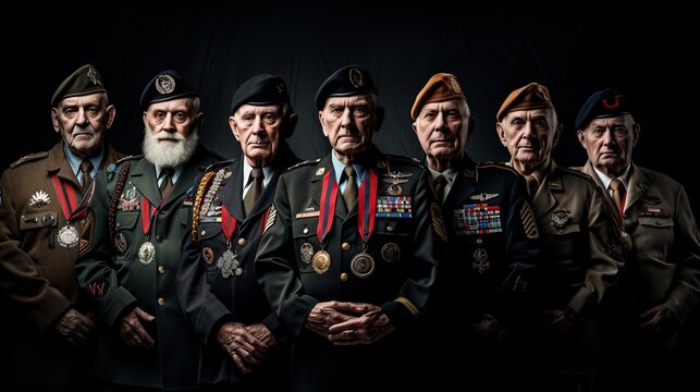 A heartening depiction of veterans from various branches of the military, standing proudly with medals