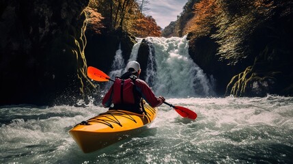 Generative AI, kayak raft river waterfall, extreme sport concept, whitewater kayaking