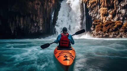 Generative AI, kayak raft river waterfall, extreme sport concept, whitewater kayaking - obrazy, fototapety, plakaty