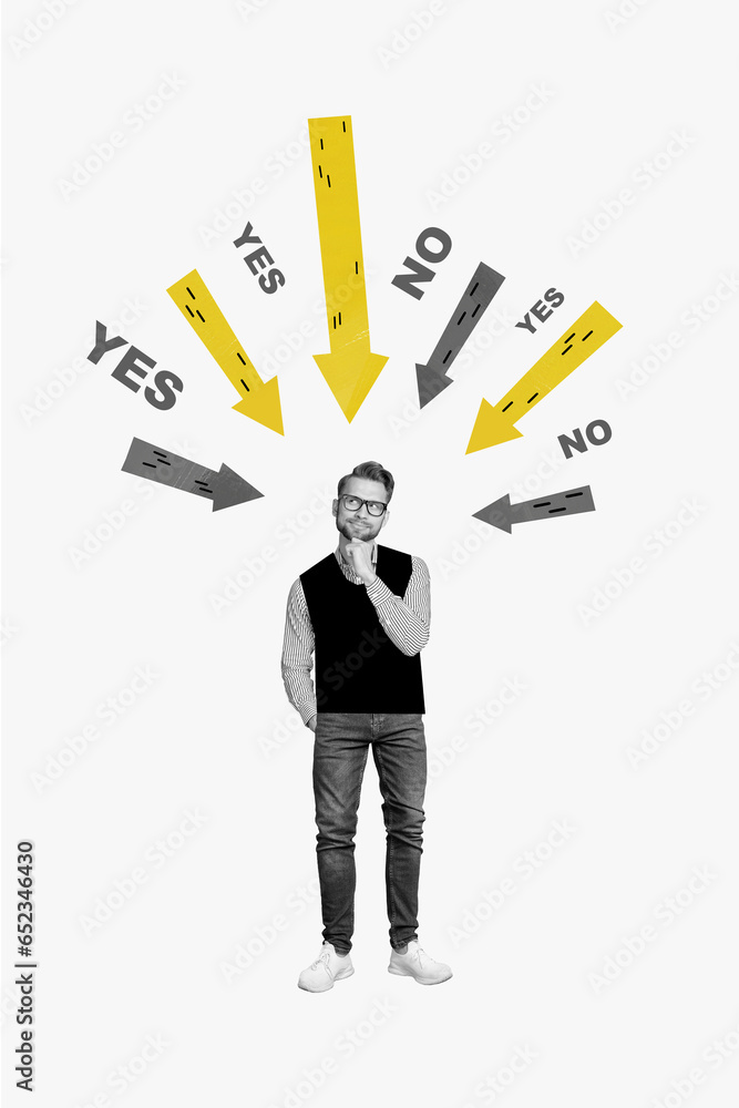Aufkleber creative abstract template graphics collage image of doubtful undecided guy thinking yes no isolated