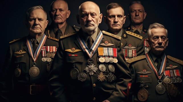 A heartening depiction of veterans from various branches of the military, standing proudly with medals - Powered by Adobe