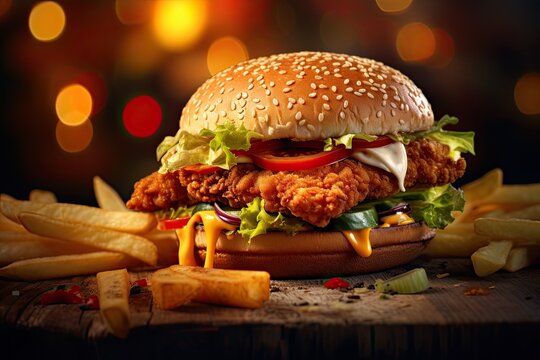 Crispy chicken burger with unique toppings, with a vibrant color-enhancing to create an enticing and visually stunning image. Generative AI