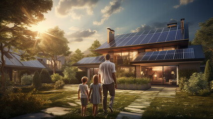 Father with his little daughter near their house with solar panels. Alternative energy, saving resources and sustainable lifestyle concept - obrazy, fototapety, plakaty