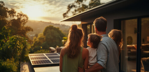 Happy family near their house with solar panels. Alternative energy source. - obrazy, fototapety, plakaty