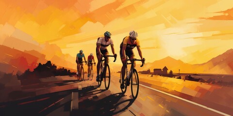 A group of cyclists at sunset - obrazy, fototapety, plakaty