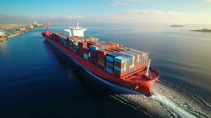 Aerial view of a large, loaded container cargo ship traveling over open ocean - obrazy, fototapety, plakaty