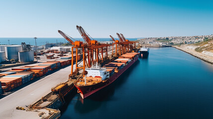 Aerial view of a long container cargo ship anchored at city port and shipyard