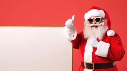 Santa Claus in sunglasses with blank frame board with empty copy space on red background