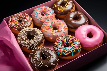 A gift box of various glazed donuts. Promotional commercial photo.
