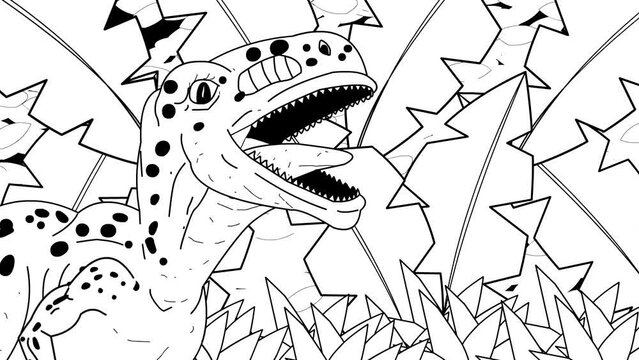 Cartoon animation of a dinosaur and a jungle in black and white, art, drawing.