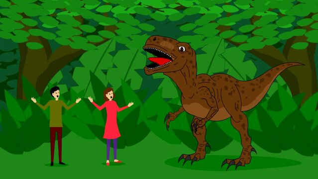 Cartoon animation of a couple in the woods showing a dinosaur and they get scared, art, drawing.