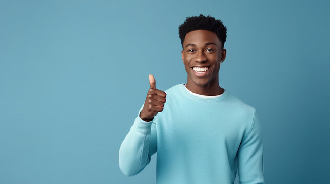 young man on blue background smiling with thumb up