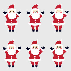 Set of Santa Claus with different emotions in kawaii style on a white background. New Year's and Christmas