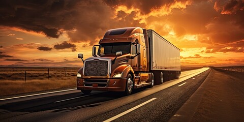 Sunset haulage. Cargo truck speeds down highway. Logistics in motion on busy interstate. Hour delivery. Transport trucks at sunrise - obrazy, fototapety, plakaty