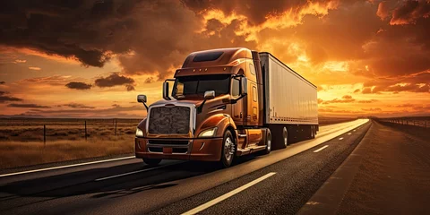 Foto op Plexiglas Sunset haulage. Cargo truck speeds down highway. Logistics in motion on busy interstate. Hour delivery. Transport trucks at sunrise © Thares2020