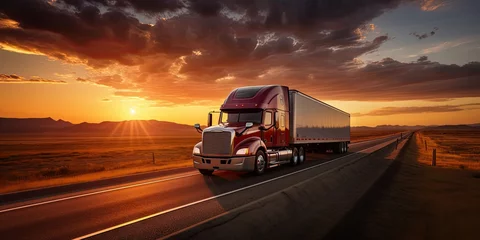 Foto op Plexiglas Sunset haulage. Cargo truck speeds down highway. Logistics in motion on busy interstate. Hour delivery. Transport trucks at sunrise © Thares2020