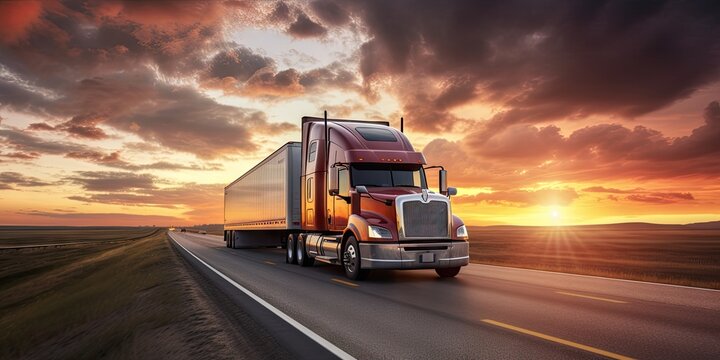 Sunset haulage. Cargo truck speeds down highway. Logistics in motion on busy interstate. Hour delivery. Transport trucks at sunrise