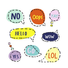 Speech bubbles in doodling style with phrases: no, oops, yay, hello, wow, yes, go, lol