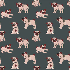Vector hand drawn seamless pattern with pugs 