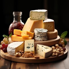 Variety of gourmet cheeses platter on a wooden table