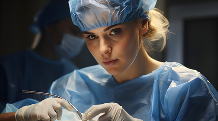 A pretty medical professional, nurse, assistant or student, captured in close-up, offering vital support during a procedure - obrazy, fototapety, plakaty