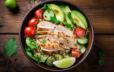 Healthy food concept with diet salad with quinoa, avocado, chicken and other vegetables in a bowl on a wooden table, top view angle