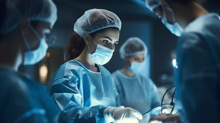 Focused woman with medical team performing surgery - obrazy, fototapety, plakaty